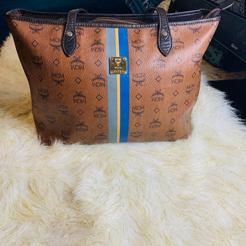 MCM Monogram Zipper tote w/ Varsity Stripes